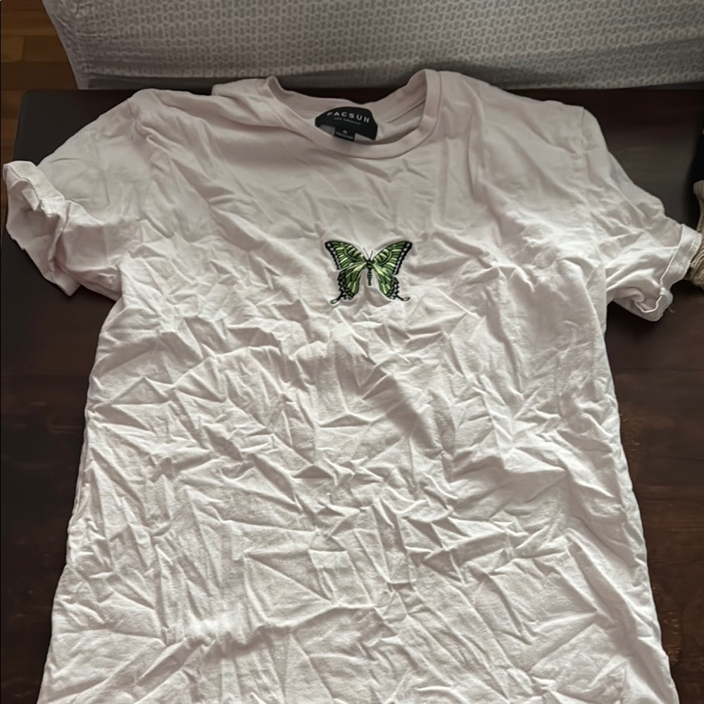 PacSun White Tee with Green Butterfly
